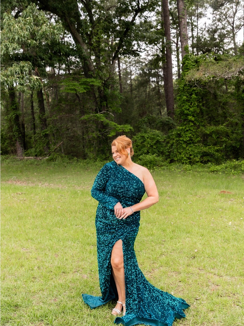 One-Shoulder Teal Sequin Evening Gown with Side Slit